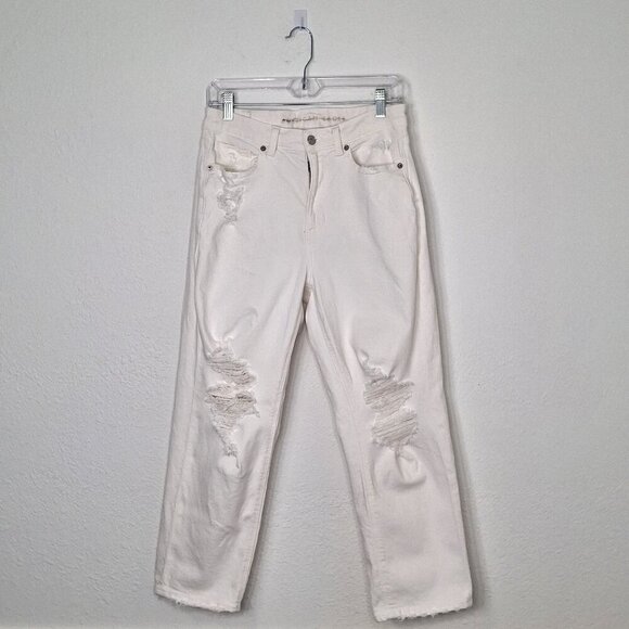 American Eagle Mom Straight Jean Sz 8 X-Short 5 Pocket Distressed Neutral Boho - Picture 1 of 16